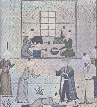 Mauláná Džalál ad-Dín Rúmí v kruhu súfíjů, s pokorným učněm (muríd) u nohou