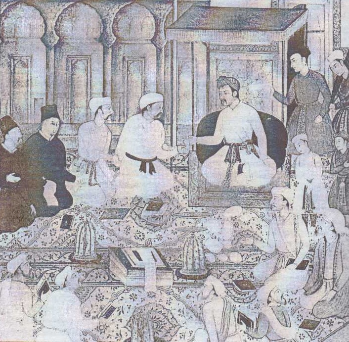 Šáh Akbar předsedá diskusi bohosloveckého kroužku v Domě bohoslužby (indická miniatura, 16. stol.)