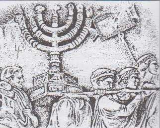 Menora nesená v triumfálním průvodu v Římě po pádu Jeruzaléma 70 n. l. (detail Titova vítězného oblouku v Římě)