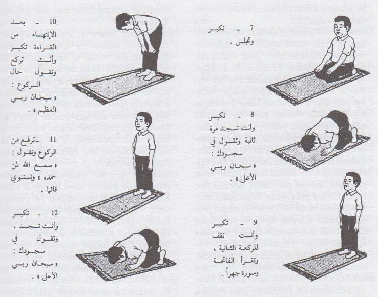 Ukázky jednotlivých modlitebních pozic (z instruktážní příručky pro koránské školy v Libyi)