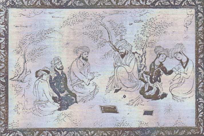 Mudžtahid rozmlouvá se svými posluchači, zatímco nezahalené ženy (vpravo) nevěnují rozhovoru pozornost (kresba, kádžárovský Írán, 19. stol.)