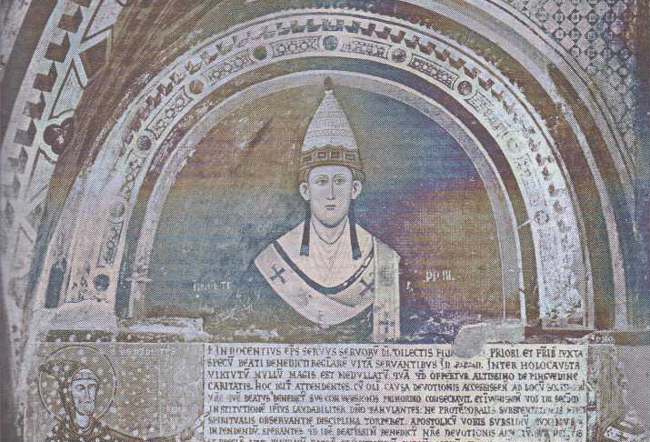Papež Innocenc III. s donační listinou kláštera San Benedetto v Subiacu (freska, 13. stol.)
