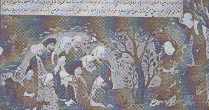 Muhammad prohlašuje Alího Ibn Abí Táliba (oba vpravo) za svého nástupce. Postavy nemají obličej; obcházel se takto někdy zákaz zobrazování živých bytostí.