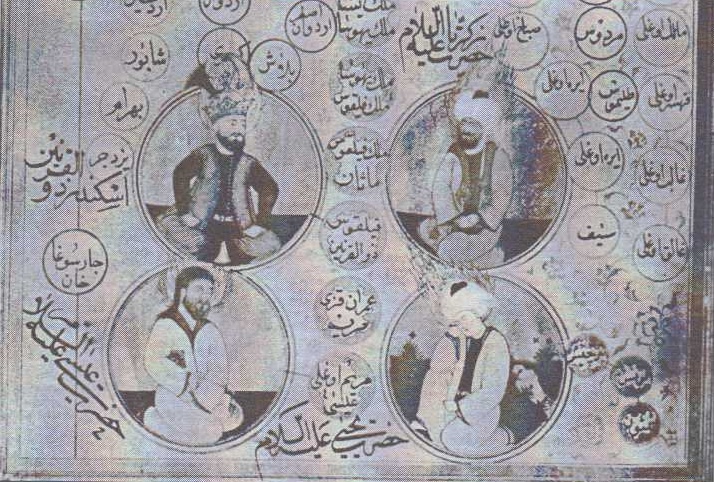 Proroci Ísá a Jahjá (Ježíš a Jan Křtitel – vlevo a vpravo dole; turecký malíř pozdně osmanského období)