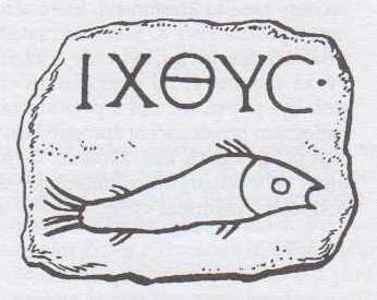 Symbol Krista v podobě ryby (ichthys) (Amiův náhrobek, Řím)