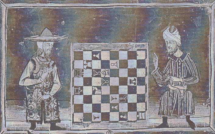 Žid a muslim spolu hrají šachy. Muslim dává židovi mat, ale přesto se tato kresba často uvádí jako jeden z projevů tolerance, jež panovala mezi vyznavači tří abrahamovských náboženství v muslimském Španělsku. Z díla Libro de Ajedrez (Kniha o šachu), připisovaného Alfonsu X. kastilskému, zv. Moudrý (1283)