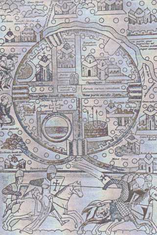 Křižácká mapa Jeruzaléma a okolí s kresbou znázorňující vítězství křižáků nad muslimskými bojovníky (kol. 1170)