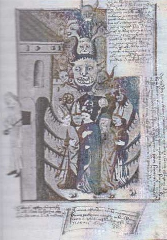 Papežské schizma. Trojhlavá církev je vyobrazena jako ďáblův nástroj, pevně svírající ve svém náručí papeže, kardinála a biskupy (Jenský kodex, 1490-1510)