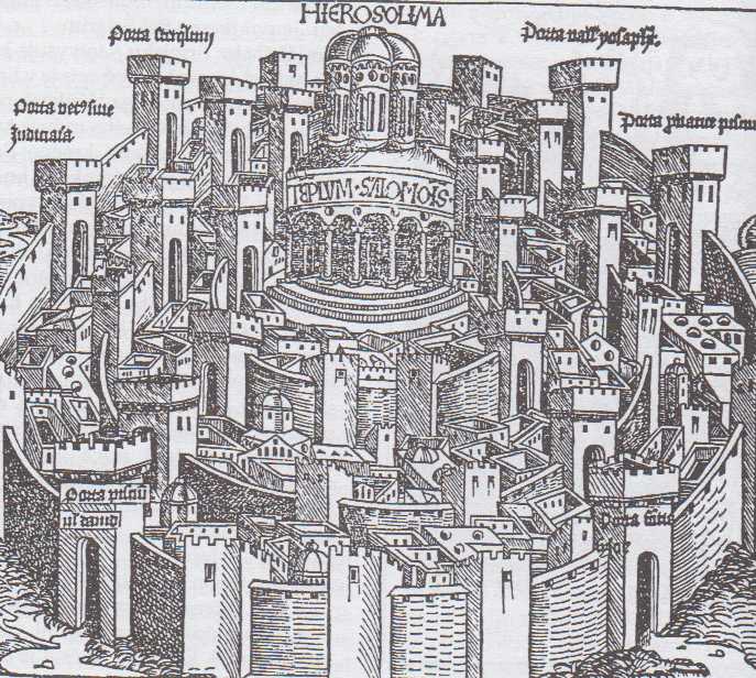 Jeruzalém (dřevoryt z Schedelovy Liber Chronicarum, Norimberk 1493)