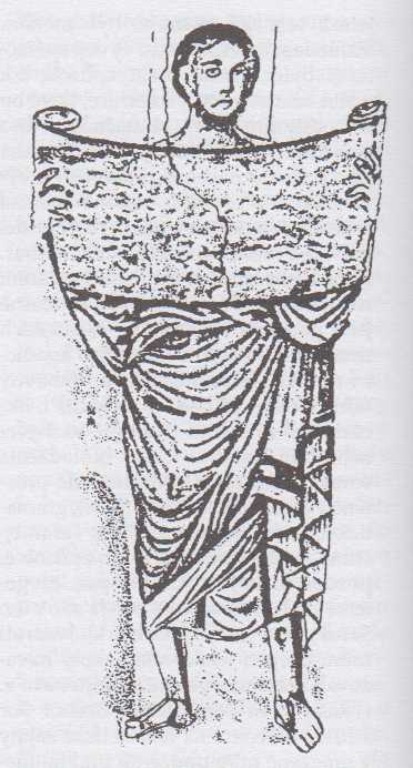 Muž čtoucí ze svitku. Patrně znázornění Mojžíše nebo Ezdráše (freska ze synagogy v Dura Európos, kol. 245 n.l.)