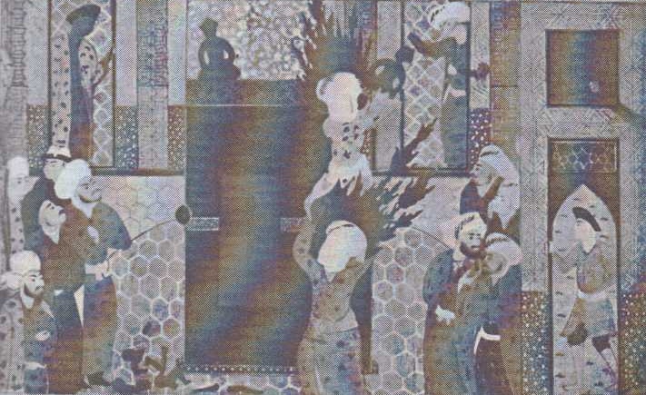 Prorok Muhammad vyhazuje ze svatyně Ka’by sošky tří kurajšovských ženských božstev (perská miniatura, 16. stol.)
